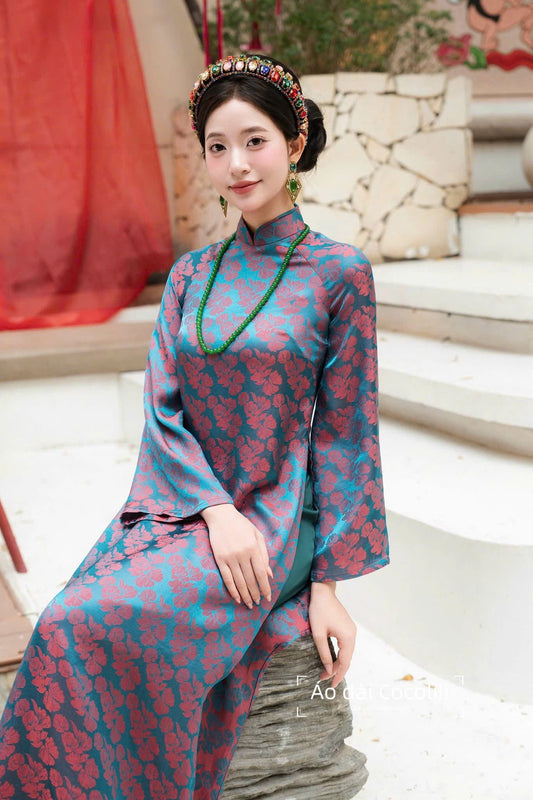 M530 3492 Áo + quần lụa - Áo dài dáng suông 2 tà lụa gấm màu xanh coban ánh hồng