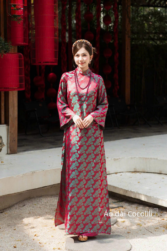 M531 Áo + quần lụa - Áo dài dáng suông 2 tà lụa gấm màu xanh hồng ánh vàng