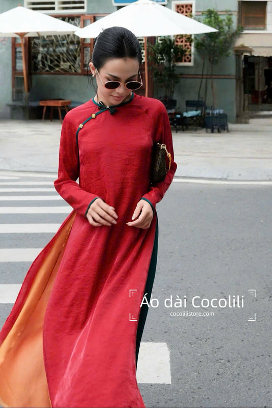 H651 Áo only no pants - Áo dài dáng suông 4 tà tencel màu đỏ đậm