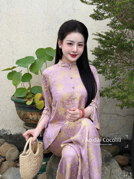 BB107 3497 - Set bà ba lụa 2 da màu tím cà ánh vàng