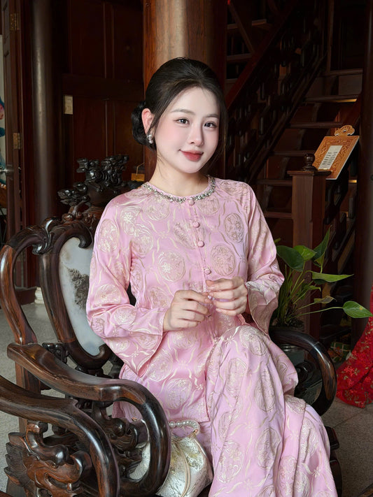 BB44 3541 - Set bà ba lụa hoa thuỷ tiên màu hồng đính đá