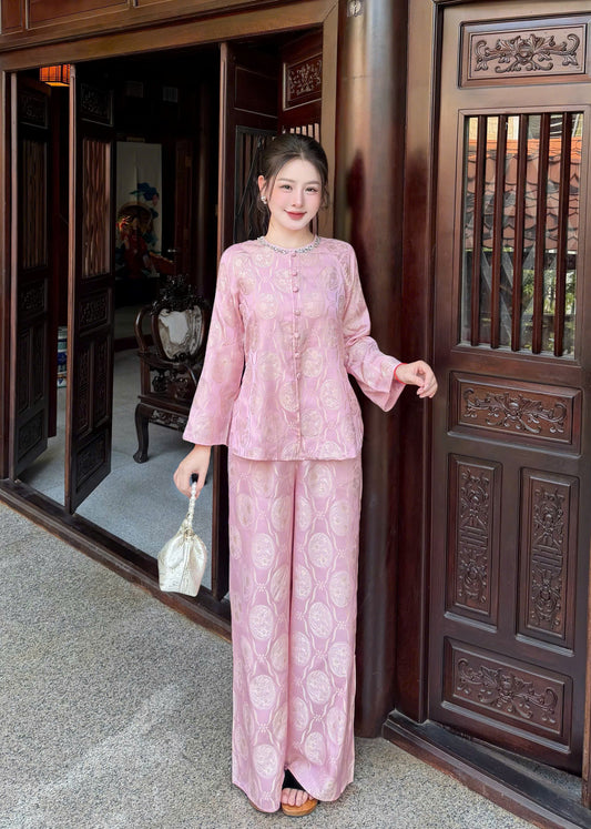 BB44 3541 - Set bà ba lụa hoa thuỷ tiên màu hồng đính đá