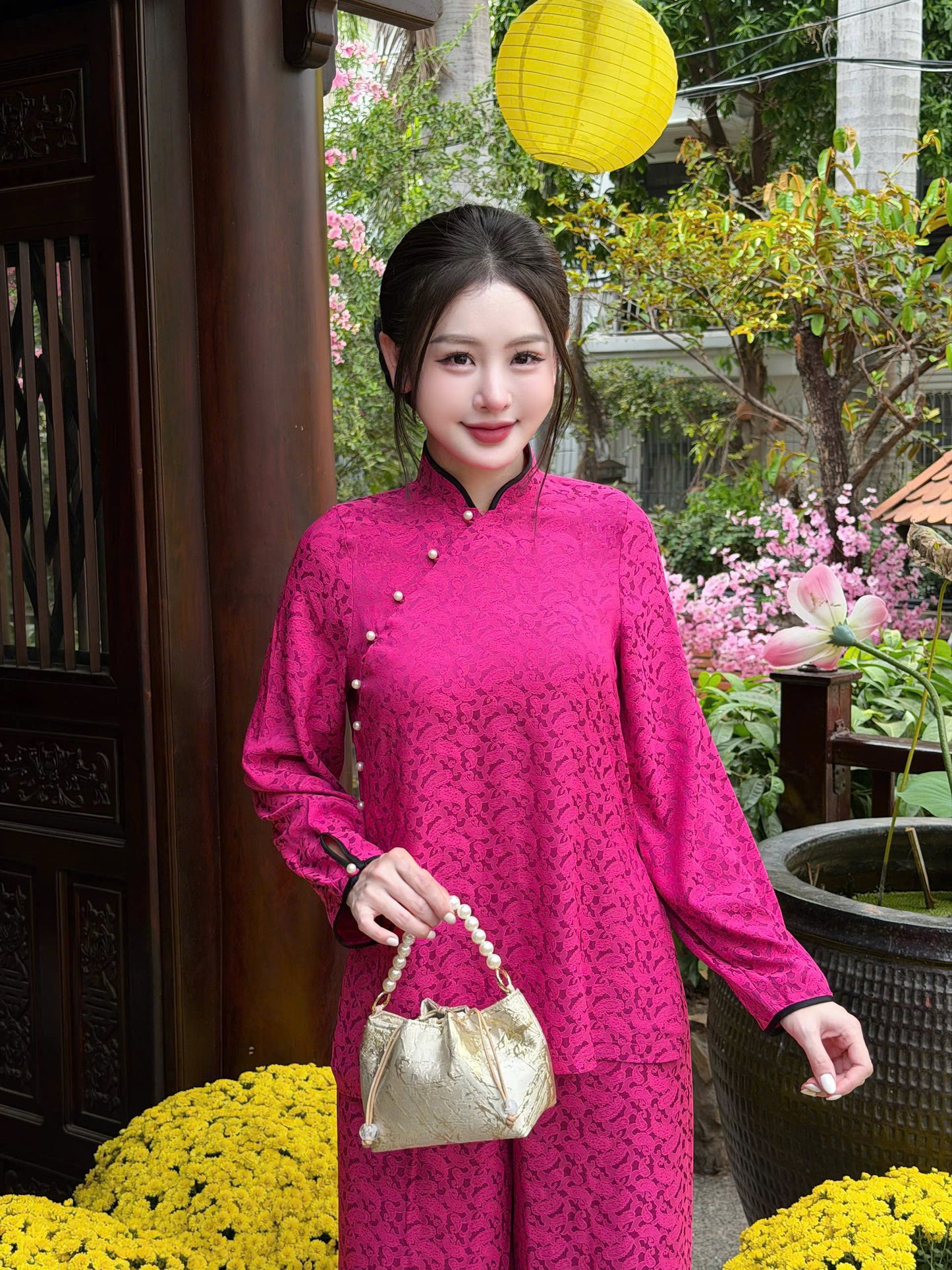 BB43 3542 - Set bà ba lụa gấm lông công màu hồng sen