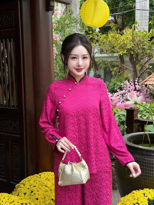 BB43 3542 - Set bà ba lụa gấm lông công màu hồng sen