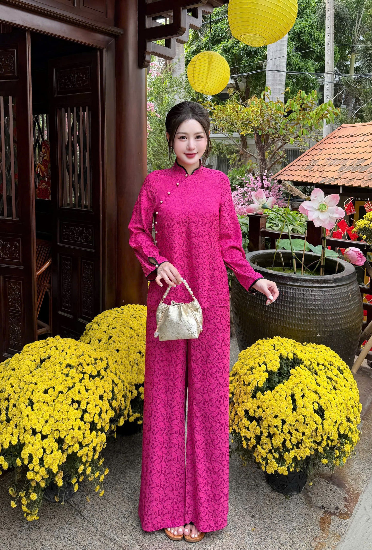 BB43 3542 - Set bà ba lụa gấm lông công màu hồng sen