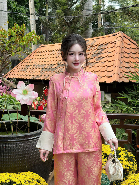 BB38 3543 - Set bà ba lụa gấm thọ dơi màu hồng đính cúc dây