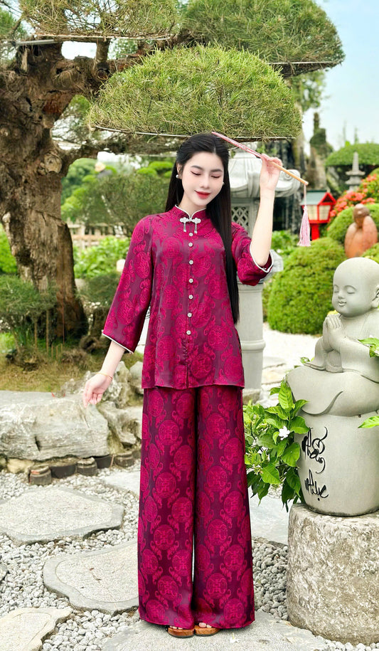 BB34 3544 - Set bà ba lụa gấm thọ dơi đính cúc đá
