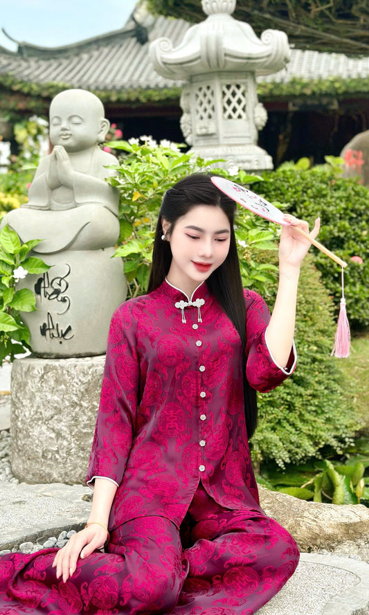 BB34 3544 - Set bà ba lụa gấm thọ dơi đính cúc đá