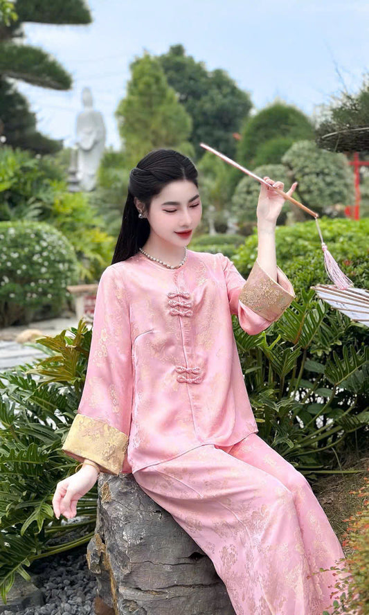 BB39 BB116 3545 - Set bà ba lụa gấm màu hồng phấn đính cúc