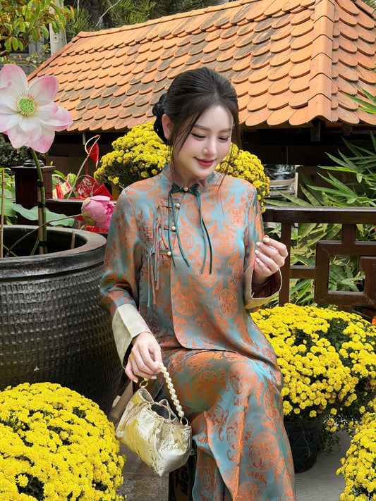 BB49 3547 - Set bà ba lụa gấm thọ dơi đính cúc dây