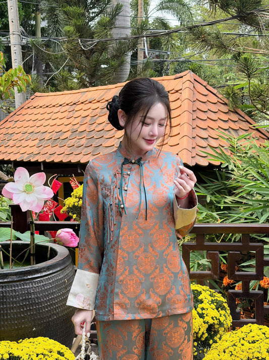 BB49 3547 - Set bà ba lụa gấm thọ dơi đính cúc dây