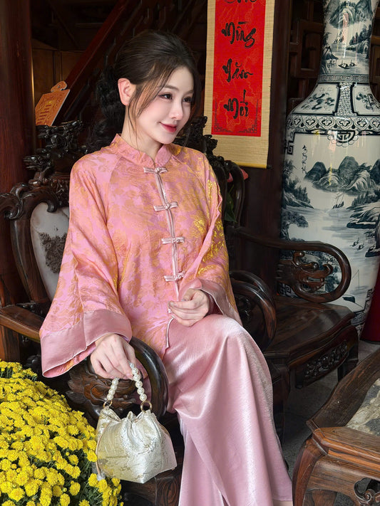 BB51 3548 - Set bà ba lụa tằm ánh kim tencel màu hồng