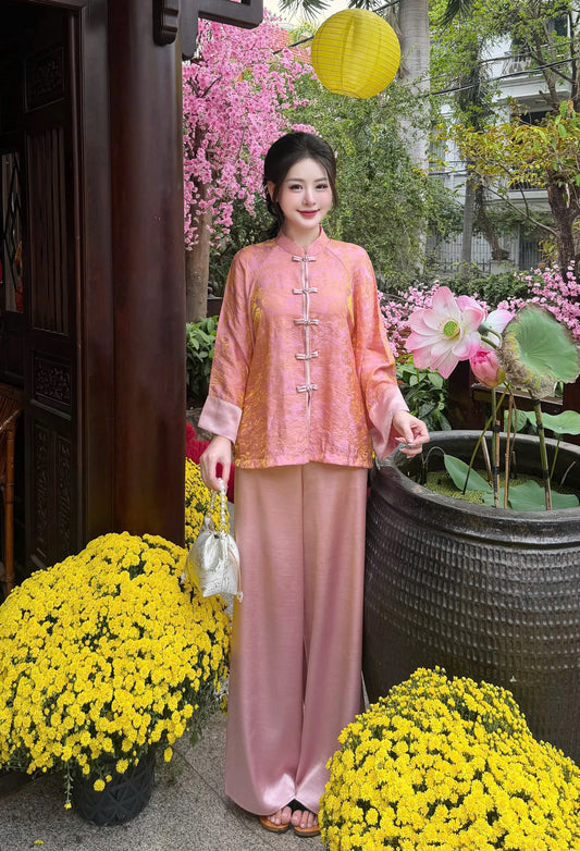 BB51 3548 - Set bà ba lụa tằm ánh kim tencel màu hồng