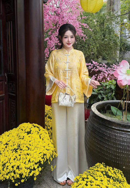 BB45 3549 - Set bà ba lụa tằm ánh kim tencel màu vàng