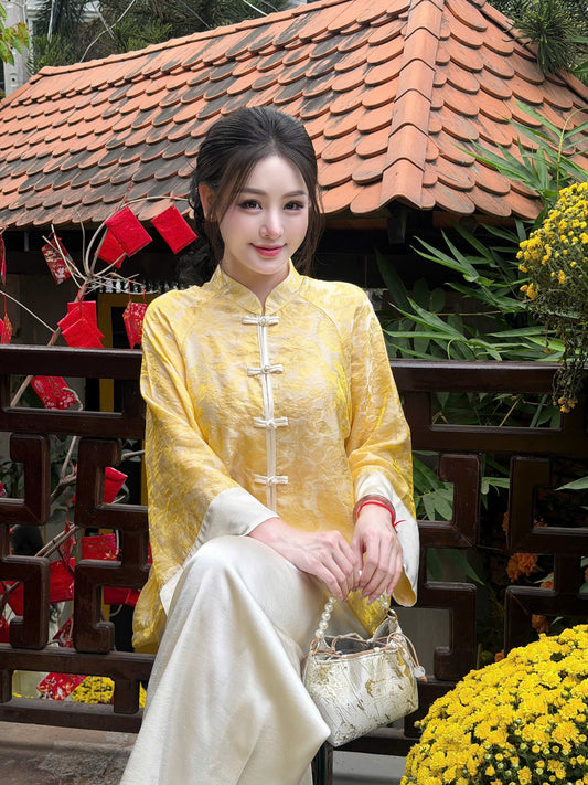 BB45 3549 - Set bà ba lụa tằm ánh kim tencel màu vàng