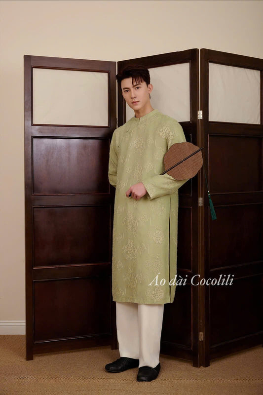 B160 3582 - Áo dài nam tơ thêu màu xanh mint