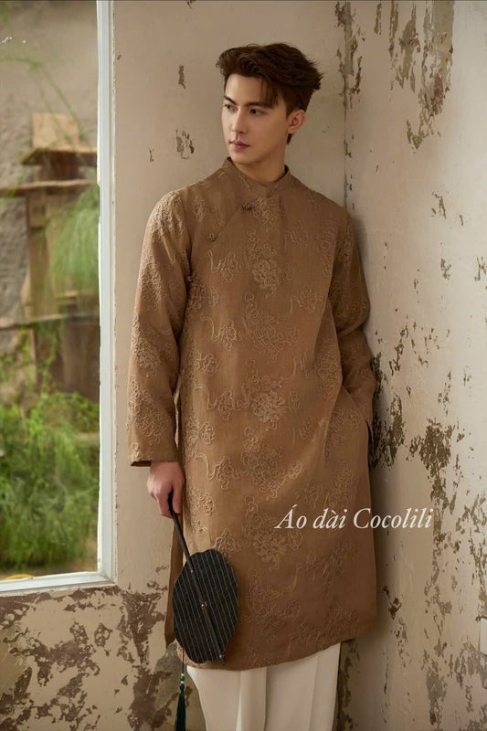 B161 3583 - Áo dài nam tơ thêu màu nâu