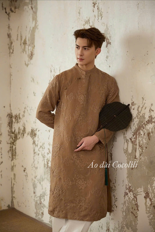 B161 3583 - Áo dài nam tơ thêu màu nâu