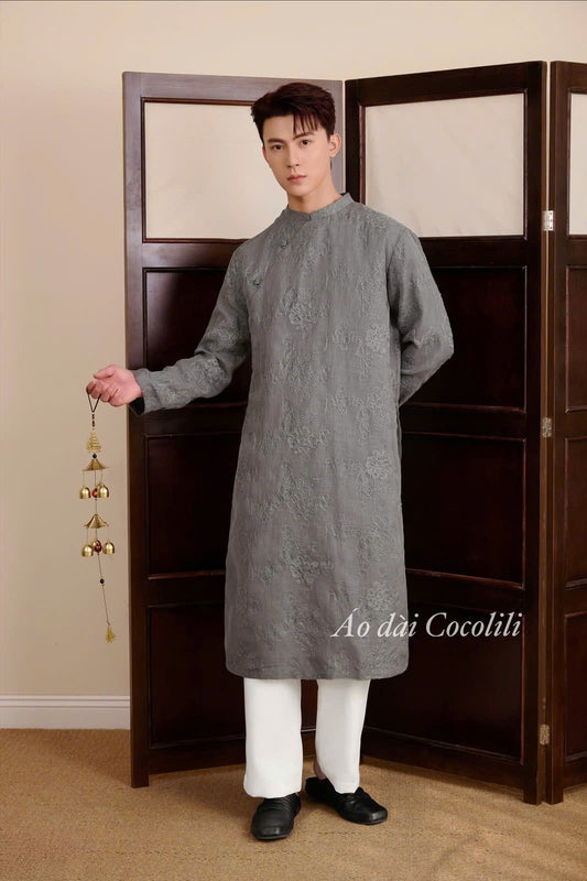 B162 3584 - Áo dài nam tơ thêu màu xám