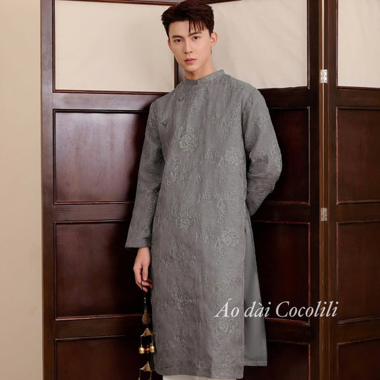 B162 3584 - Áo dài nam tơ thêu màu xám
