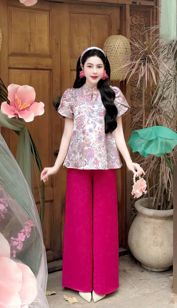 BB35 3622 - Set bà ba cách tân gấm kèm bờm tóc