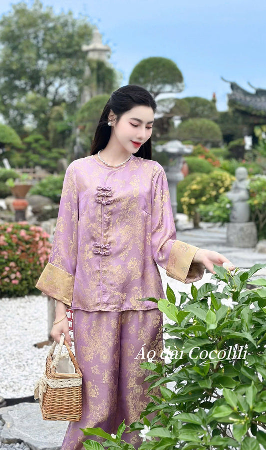 BB36 BB112 3623 - Set bà ba lụa tằm 2 da màu tím cà