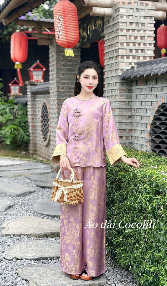 BB36 BB112 3623 - Set bà ba lụa tằm 2 da màu tím cà