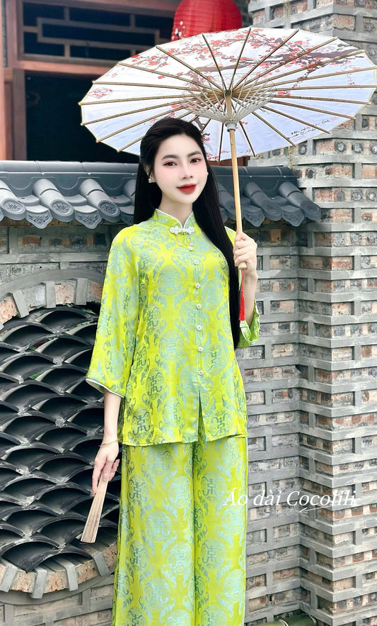 BB37 3624 - Set bà ba lụa gấm thọ dơi màu xanh cốm