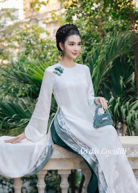M537 3663 Áo + quần nhũ - Áo dài dáng suông 6 tà màu trắng lót ren và lót lụa nhũ paris