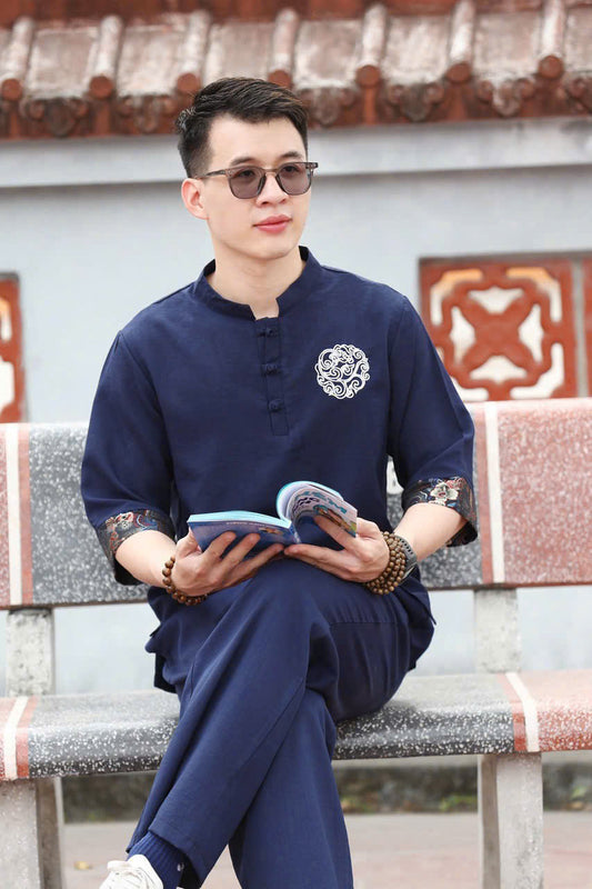 BB132 - Bộ đồ lam cho nam thêu màu xanh than