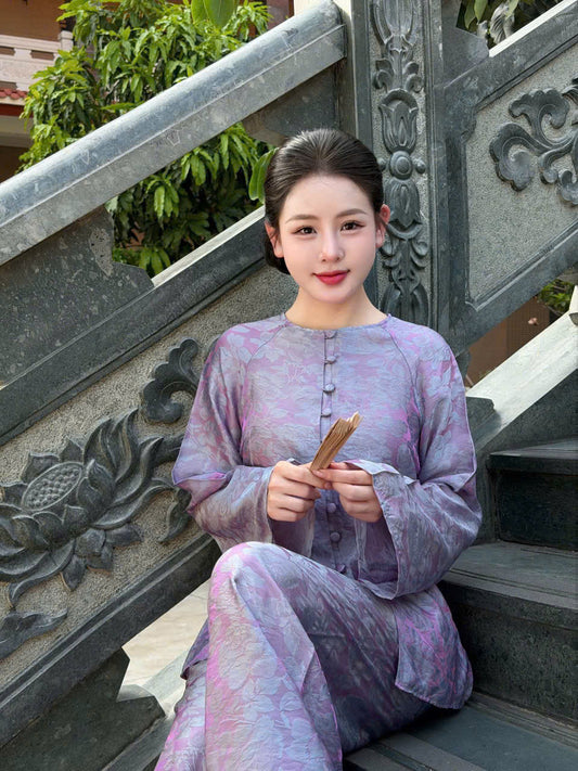 BB138 3718 - Set bà ba lụa tằm ánh kim tencel màu tím cà