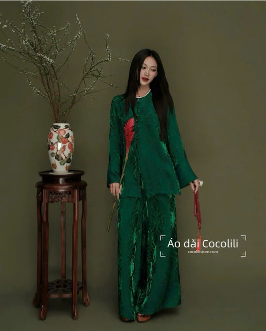 BB691 3721 - Set bà ba lụa tằm ánh kim tencel thọ dơi màu xanh lá đậm