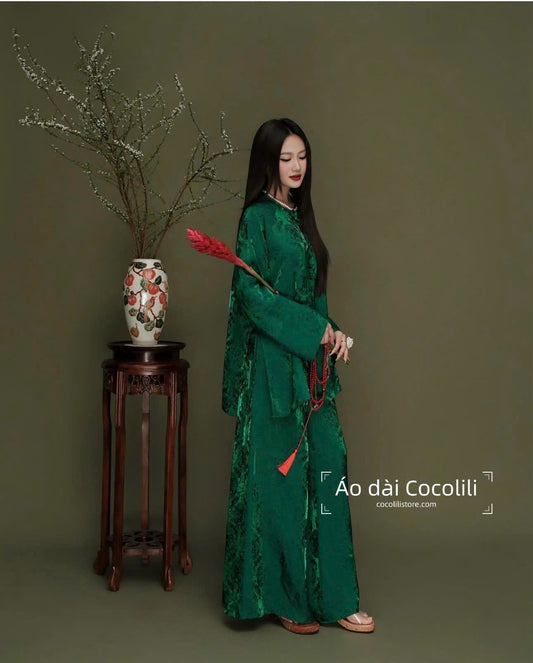 BB691 3721 - Set bà ba lụa tằm ánh kim tencel thọ dơi màu xanh lá đậm