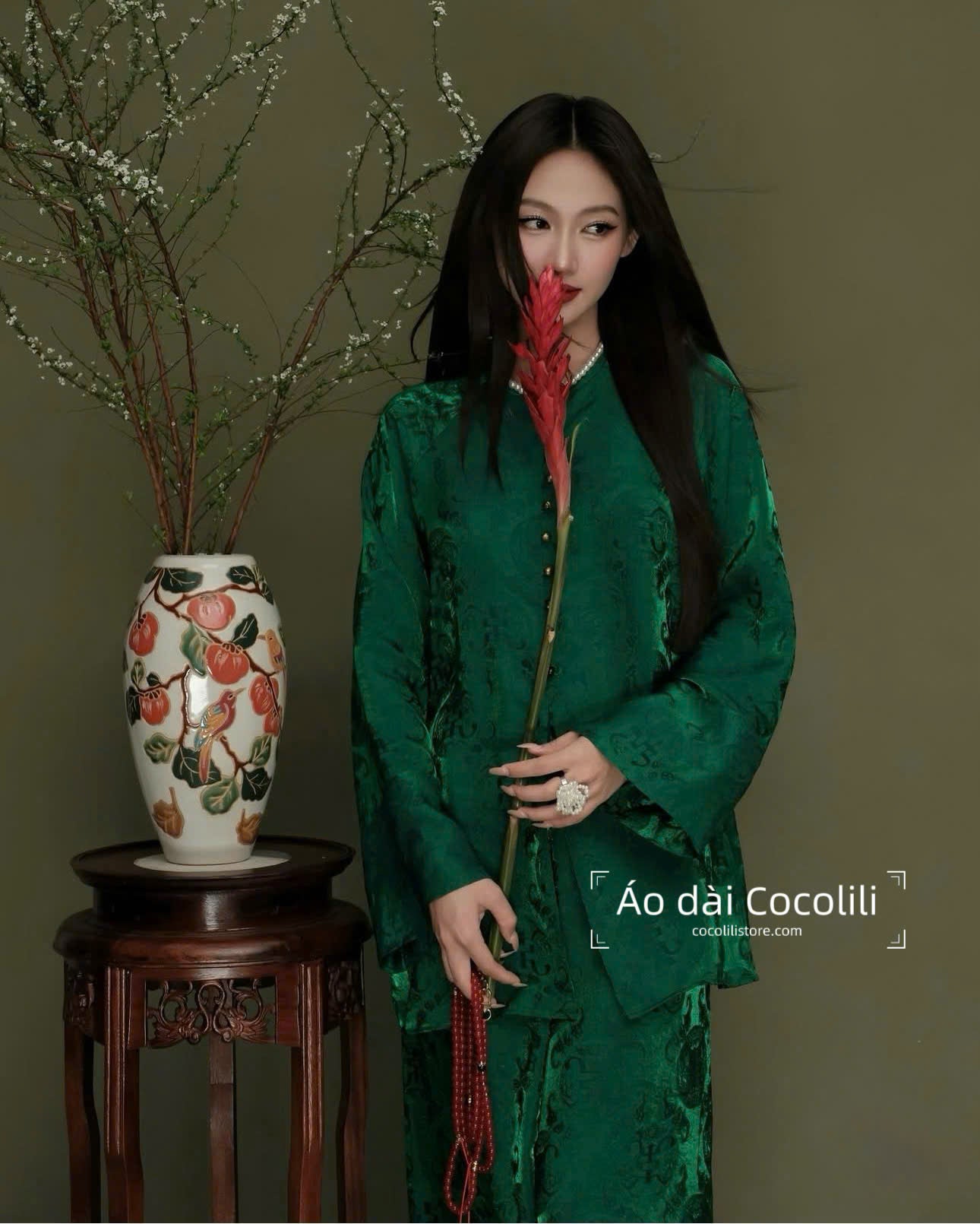 BB691 3721 - Set bà ba lụa tằm ánh kim tencel thọ dơi màu xanh lá đậm