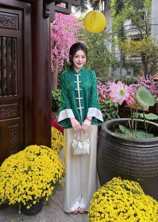 BB52 3722 - Set bà ba lụa tằm ánh kim tencel hoạ tiết hoa màu xanh lá