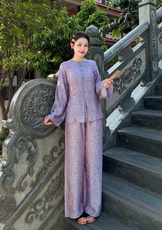 BB138 3718 - Set bà ba lụa tằm ánh kim tencel màu tím cà