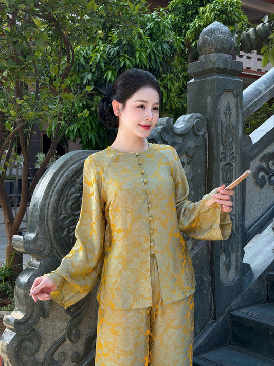 BB209 Bb137- Set bà ba lụa tằm ánh kim tencel màu xanh