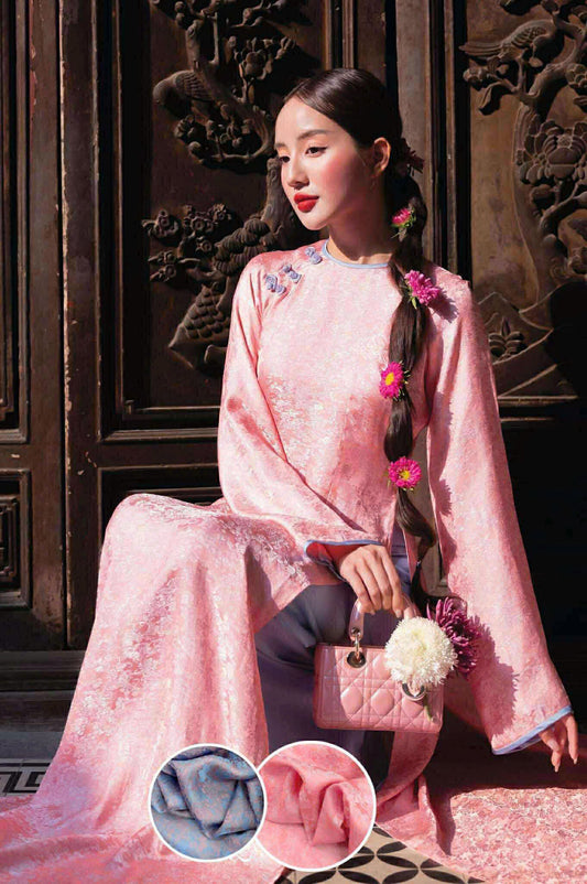 M535 Áo + quần cùng chất - Áo dài dáng suông 2 tà lụa tằm tử đinh hương màu hồng