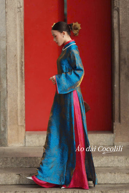 M538 Áo + quần cùng chất - Áo dài dáng suông 2 tà cổ kép