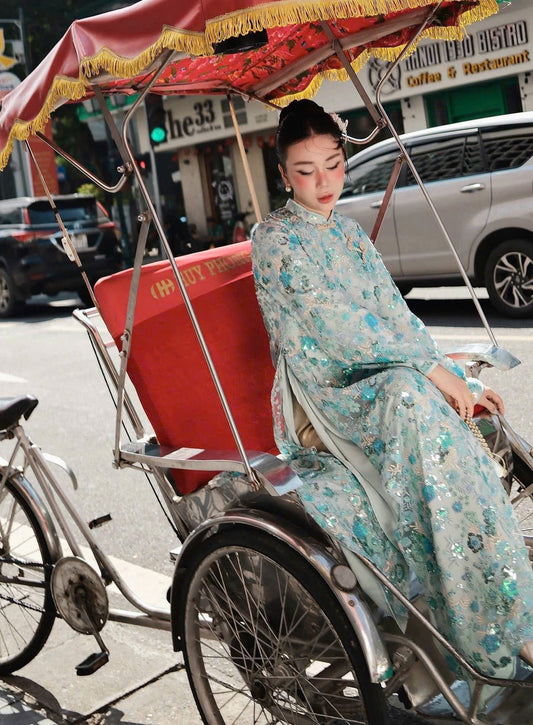 H532 H516-3790 Áo only no pants - Áo dài kimsa màu xanh blue