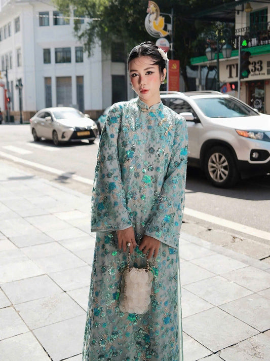 H532 H516-3790 Áo only no pants - Áo dài kimsa màu xanh blue