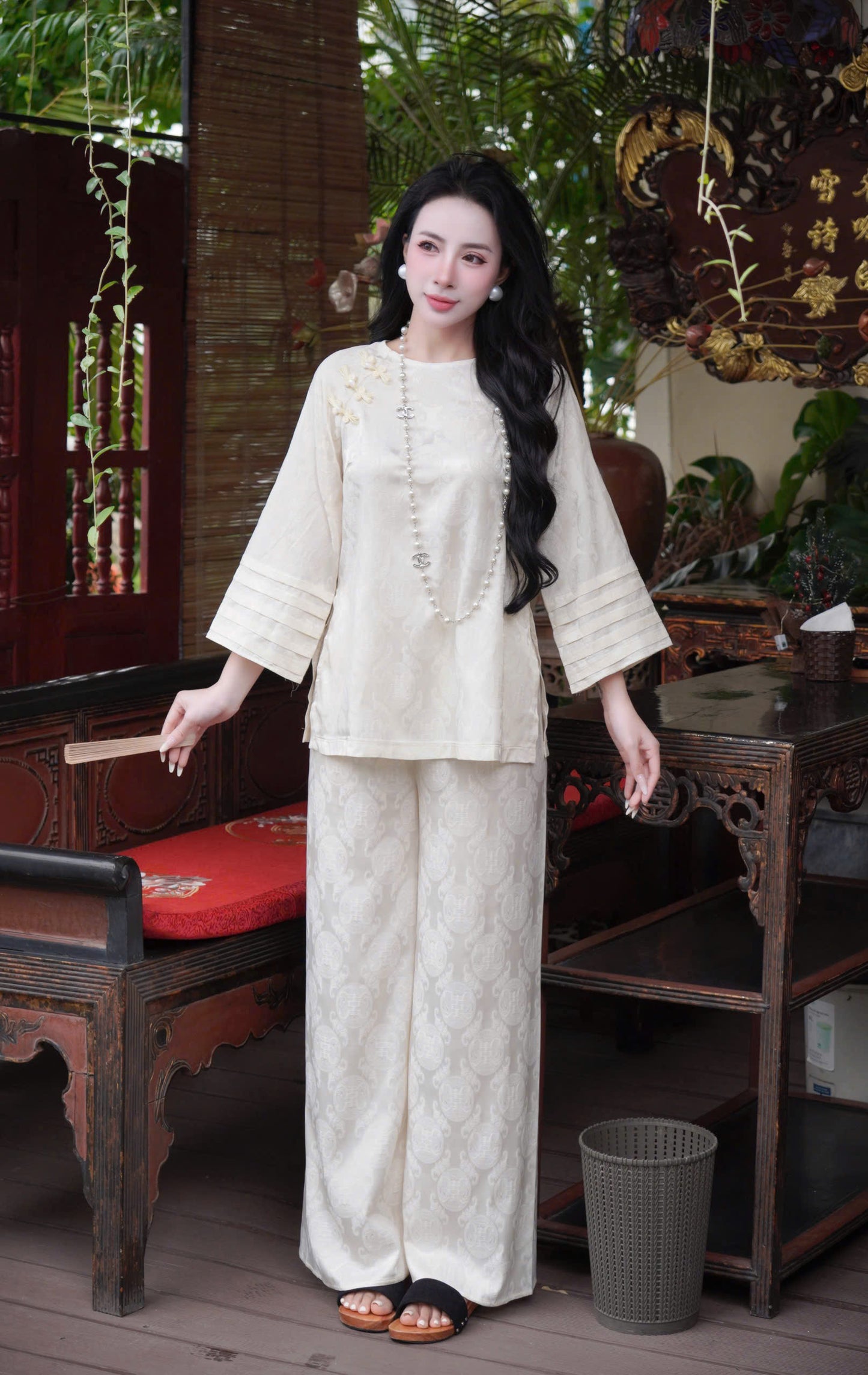 BB147 3778 - Set bà ba lụa gấm thọ dơi đính khuy vai