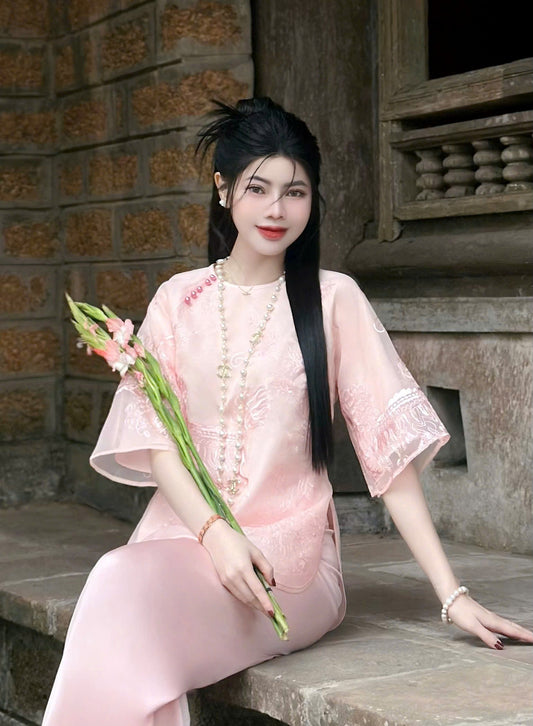 BB148 3779 - Set bà ba tơ thêu màu hồng phấn
