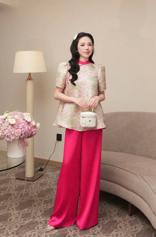 BB149 3782 - Set bà ba gấm tay bồng màu hồng