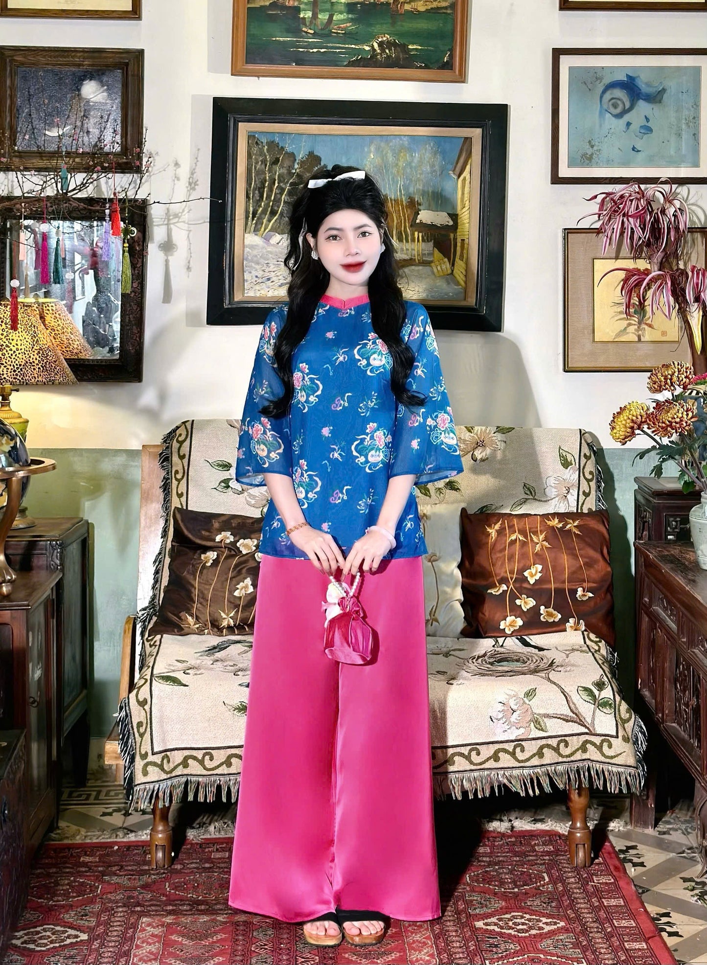 BB150 3791 - Set bà ba lụa tơ màu xanh coban