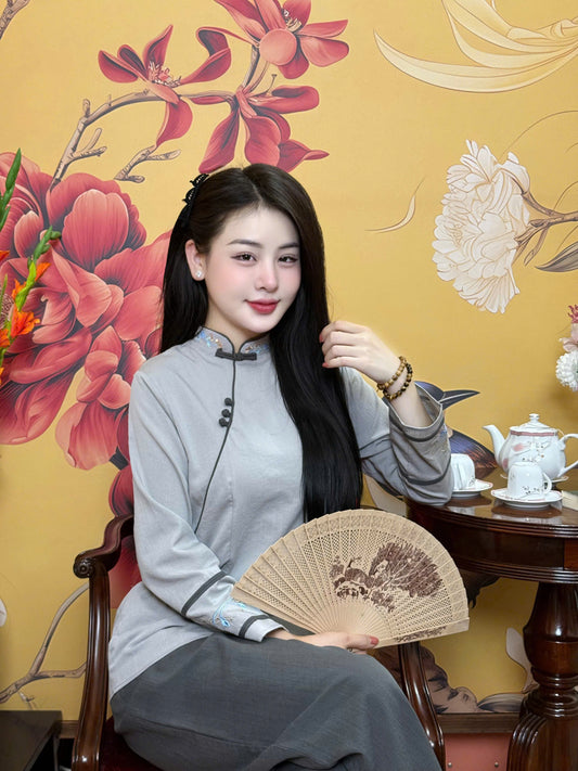 BB154 3795 - Set bà ba đũi thêu màu xám