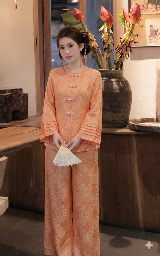 BB159 3797 - Set bà ba lụa tằm ánh kim tencel thọ dơi màu cam đào