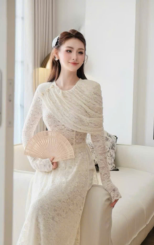 R24 4226 Áo + quần - Áo dài ren cách điệu màu trắng kem