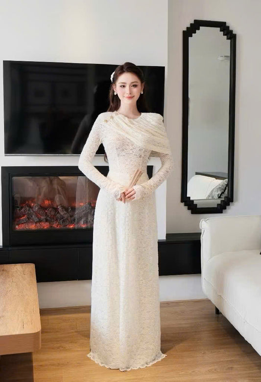R24 4226 Áo + quần - Áo dài ren cách điệu màu trắng kem