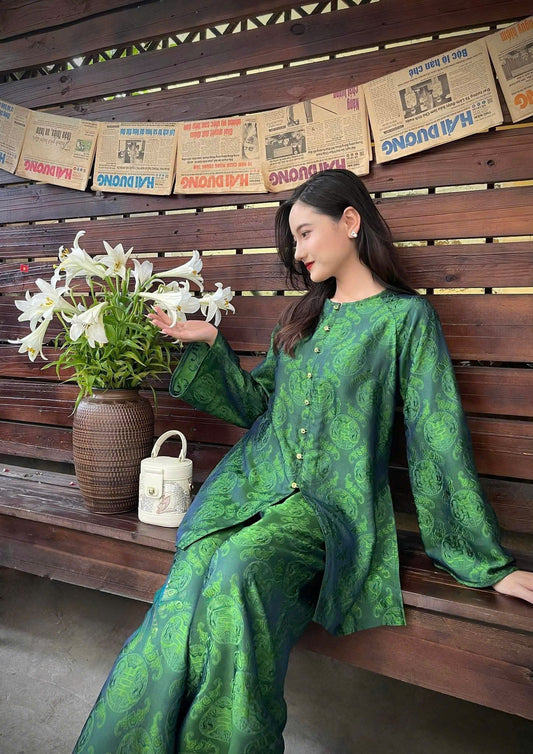 BB158 4215 - Set bà ba lụa nha xá màu xanh lá